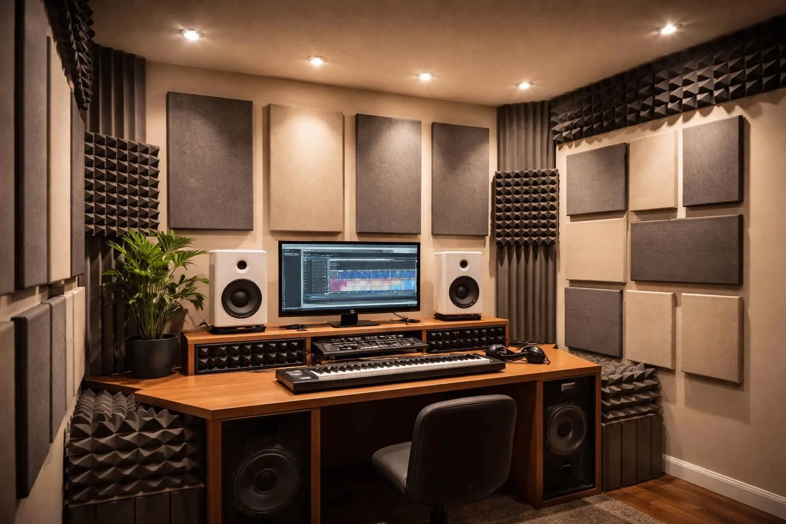 Rincón de estudio doméstico con las paredes cubiertas de espuma piramidal gris y paneles rectangulares de tela; sobre un escritorio de madera, dos monitores blancos, una pantalla con software de audio, un teclado y una planta.